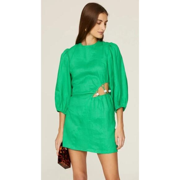 Suboo Elodie Dress Linen Blend Balloon Sleeve Side Cutout Mini Green Size XL - Picture 1 of 12